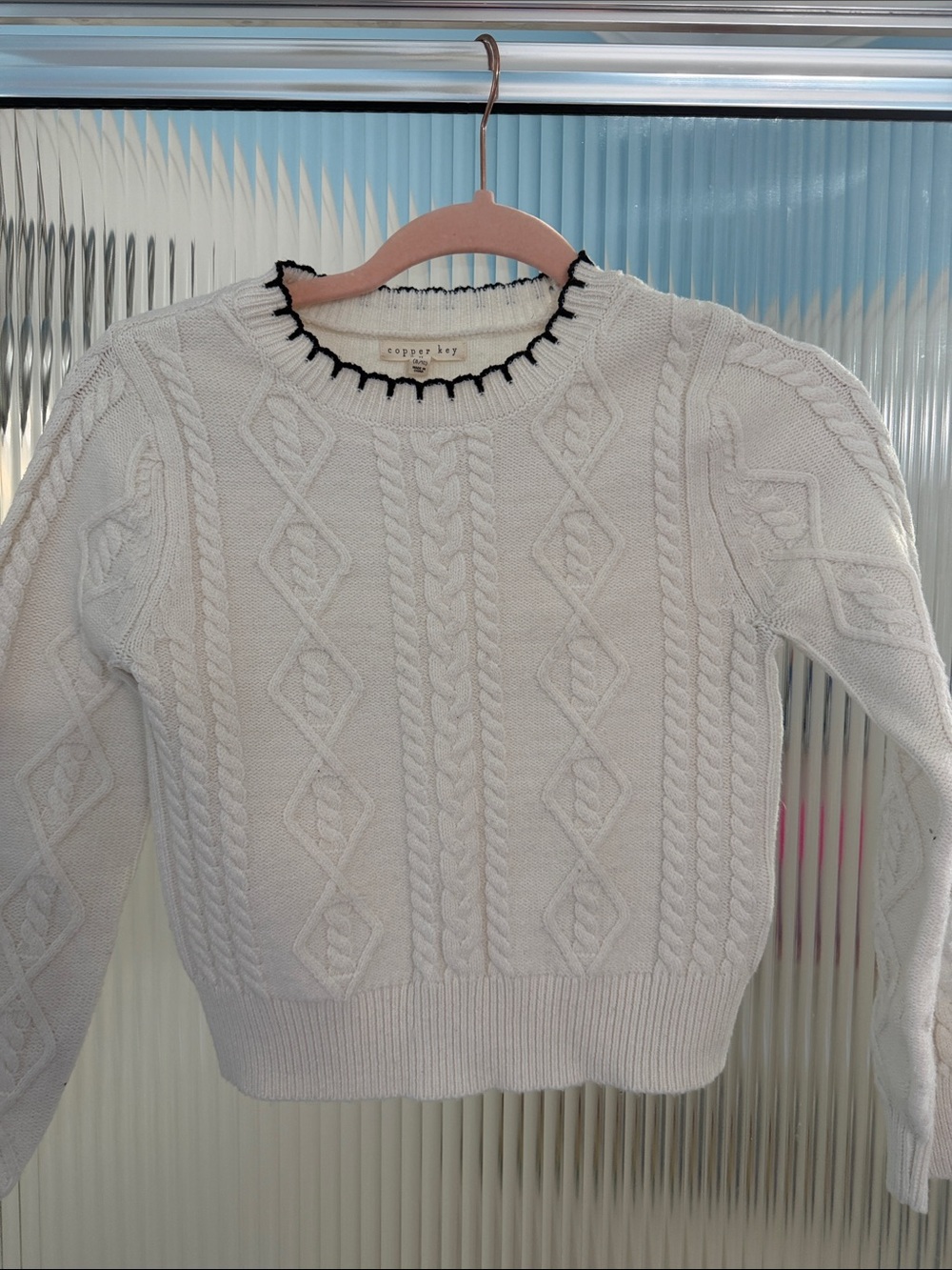 Copper Key Cream Cable Knit Sweater with Black Trim